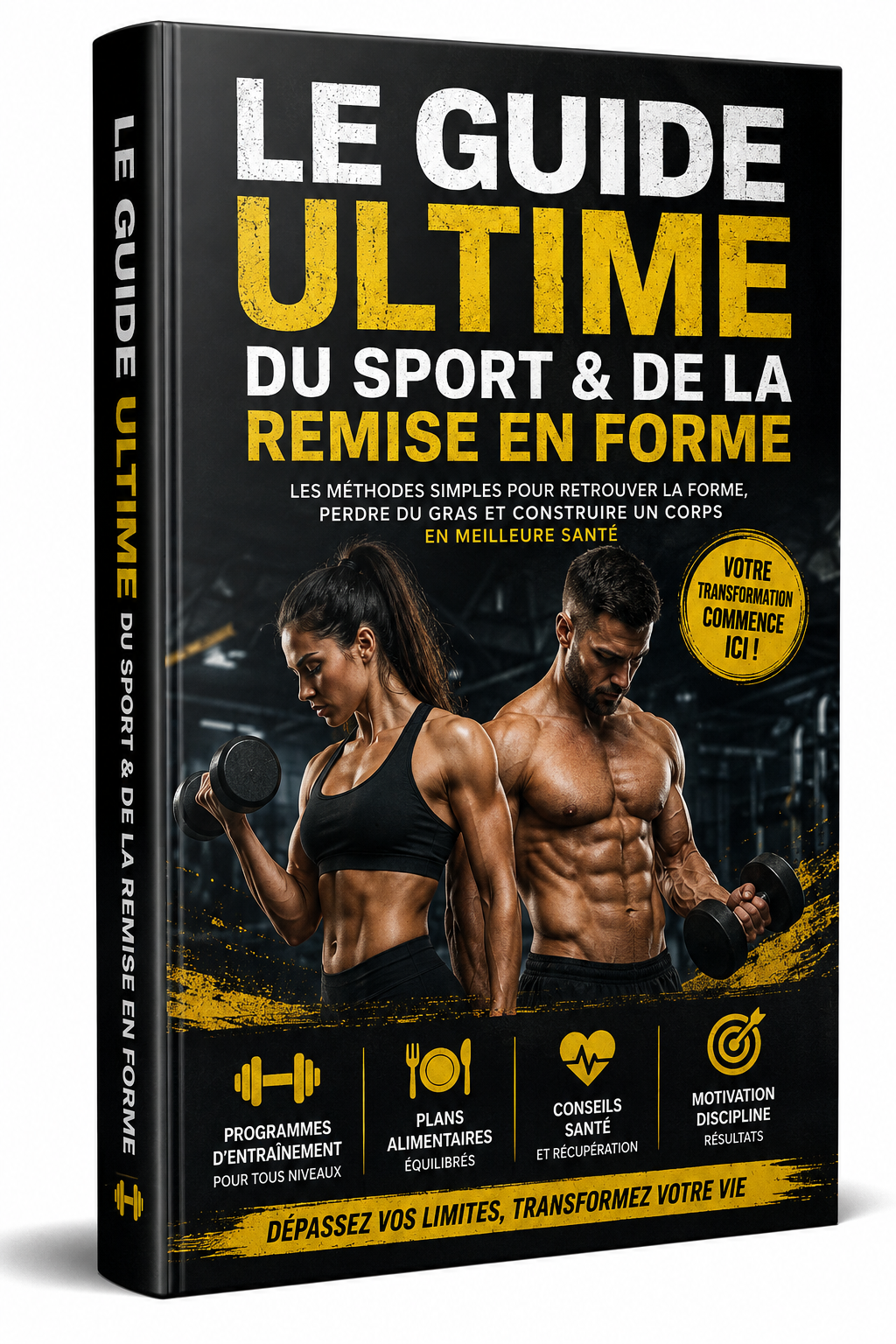 Guide numérique de remise en forme par Novelify, couverture illustrée avec titre et éléments liés à la santé et au fitness.